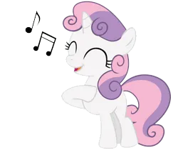 Size: 330x287 | Tagged: safe, artist:faelaarts, derpibooru import, sweetie belle, pony, unicorn, fanfic:a little loopy, ^^, eyes closed, fanfic art, female, filly, foal, happy, image, music notes, png, simple background, singing, solo, transparent background, vector