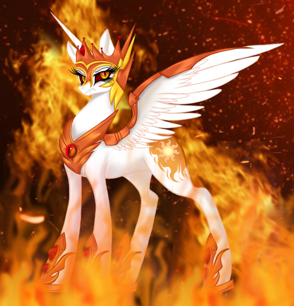 Size: 3920x4079 | Tagged: safe, artist:nightingalewolfie, derpibooru import, daybreaker, alicorn, pony, absurd resolution, black background, concave belly, crown, digital art, ethereal mane, ethereal tail, eyelashes, fangs, feather, female, fire, flowing mane, flowing tail, g4, gem, helmet, hoof shoes, horn, image, jewelry, looking at you, mane of fire, mare, peytral, png, regalia, simple background, solo, spread wings, tail, tail of fire, teeth, unamused, wings, yellow eyes