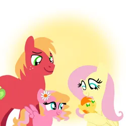 Size: 1400x1400 | Tagged: safe, artist:mlplary6, derpibooru import, big macintosh, fluttershy, oc, oc:autumn crisp, oc:melody blossom, earth pony, pegasus, pony, baby, baby pony, colt, family, female, filly, flower, flower in hair, fluttermac, foal, husband and wife, image, looking at each other, looking at someone, male, mare, newborn, offspring, parent:big macintosh, parent:fluttershy, parents:fluttermac, png, shipping, siblings, smiling, smiling at each other, stallion, straight