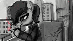 Size: 1920x1080 | Tagged: safe, artist:menalia, derpibooru import, pinkie pie, earth pony, pony, the saddle row review, animated, balcony, city, clone, clothes, female, hat, image, mare, pinkie clone, smoking, tired, webm, wip