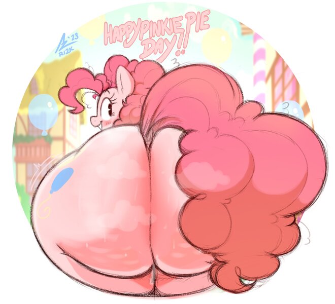 Size: 2200x2000 | Tagged: suggestive, artist:aer0 zer0, ponerpics import, pinkie pie, earth pony, pony, balloonbutt, blushing, butt, dock, female, image, jpeg, looking back, mare, plot, solo, solo female, sweat, sweaty butt, text, the ass was fat