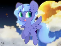 Size: 4000x3000 | Tagged: safe, artist:zokkili, derpibooru import, princess luna, alicorn, pony, beanbrows, cloud, cute, ear fluff, eyebrows, eyebrows visible through hair, female, flying, full moon, g4, heart, heart eyes, high, horn, image, jpeg, looking sideways, lunabetes, moon, night, night sky, signature, sky, solo, sparkles, spread wings, stars, wingding eyes, wings