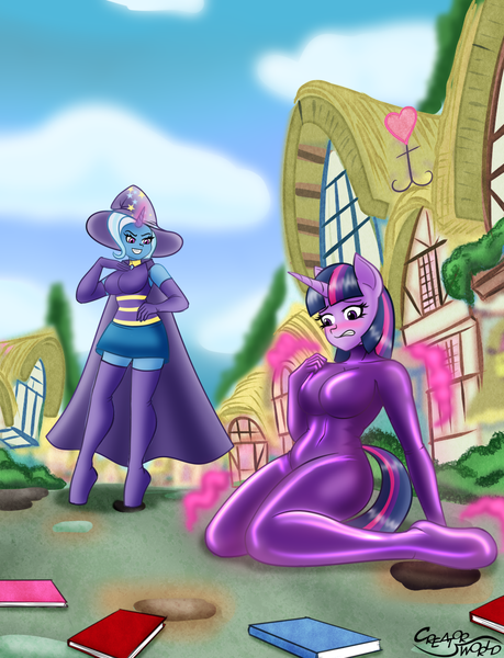Size: 980x1280 | Tagged: suggestive, artist:creatorworld, derpibooru import, trixie, twilight sparkle, anthro, unguligrade anthro, unicorn, blushing, bodysuit, book, boots, breasts, busty trixie, busty twilight sparkle, cape, clothes, duo, duo female, evening gloves, evil grin, female, fetish, gloves, grin, gritted teeth, hat, hoof boots, hoof shoes, image, kneeling, latex, latex fetish, latex suit, long gloves, magic, outdoors, png, ponyville, rubber, rubber suit, shiny, shirt, shoes, signature, skintight clothes, skirt, smiling, spell, story included, stuck, teeth, thigh boots, tight clothing, trixie's hat, tugging, unicorn twilight, zettai ryouiki
