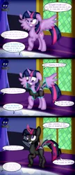 Size: 5376x12462 | Tagged: safe, artist:damlanil, derpibooru import, twilight sparkle, twilight sparkle (alicorn), alicorn, changeling, pony, bad end, changelingified, comic, commission, fangs, female, horn, image, implied starlight glimmer, implied trixie, link in description, magic, magic aura, mare, png, raised hoof, show accurate, solo, species swap, speech bubble, spread wings, story included, text, transformation, transformation sequence, twilight's castle, vector, wings