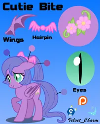 Size: 6293x7765 | Tagged: safe, artist:velvetcharm, derpibooru import, oc, oc:cutie bite, unofficial characters only, bat pony, 2d, accessory, bat ears, bat eyes, bat pony oc, bat wings, blue mane, blushing, cute, derpibooru logo, e621 logo, eyeshadow, female oc, floppy ears, flower, folded wings, freckles, gradient background, green eyes, image, makeup, patreon, patreon logo, pink eyeshadow, png, purple fur, reference sheet, spread wings, vector, wings