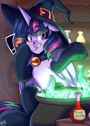 Size: 1650x2300 | Tagged: safe, artist:shadowreindeer, derpibooru import, twilight sparkle, twilight sparkle (alicorn), alicorn, pony, bell, bell collar, cauldron, clothes, collar, costume, exclamation point, eye clipping through hair, eyebrows, eyebrows visible through hair, gritted teeth, halloween, halloween costume, hat, holiday, image, jpeg, punch, socks, teeth, tentacles, witch, witch hat