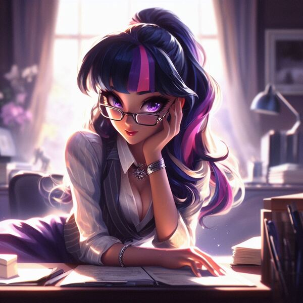 Size: 1024x1024 | Tagged: suggestive, derpibooru import, machine learning generated, sci-twi, twilight sparkle, human, equestria girls, ai content, book, bracelet, breasts, chair, cleavage, clothes, collar shirt, desk, flower, generator:dall-e 3, glasses, hand on face, humanized, image, jewelry, jpeg, lamp, looking at you, necklace, notes, office, office lady, pen, pencil, pinstripes, ponytail, secretary, seductive, seductive look, seductive pose, skirt, stupid sexy twilight, vest