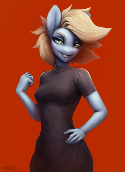 Size: 1988x2732 | Tagged: safe, artist:dashid, derpibooru import, oc, oc:steam cloud, unofficial characters only, anthro, pony, arm under breasts, arms, clothes, dress, image, jpeg, looking at you, smiling, smiling at you