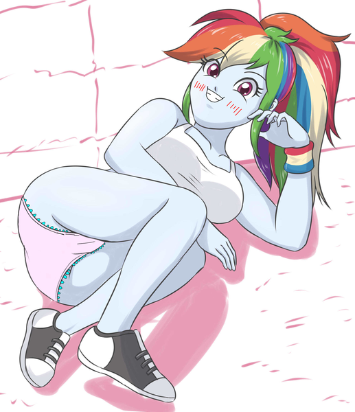 Size: 1849x2144 | Tagged: suggestive, artist:sumin6301, derpibooru import, edit, rainbow dash, human, equestria girls, ass, blush lines, blushing, bra, breasts, busty rainbow dash, butt, cameltoe, clothes, female, frills, frilly panties, frilly underwear, grin, image, looking at you, lying down, no pants, panties, pink panties, pink underwear, png, rainbutt dash, seductive, seductive look, seductive pose, side, smiling, smiling at you, solo, solo female, sports bra, stupid sexy rainbow dash, teeth, underwear, underwear edit, white bra, wristband