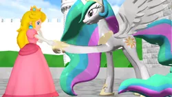 Size: 1280x720 | Tagged: safe, artist:lavells-enterprise, derpibooru import, princess celestia, alicorn, human, 3d, crossover, handshake, image, png, princess peach, super mario bros.