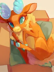 Size: 1536x2048 | Tagged: safe, artist:malt cat, derpibooru import, velvet reindeer, deer, reindeer, them's fightin' herds, antlers, behaving like a cat, box, cardboard box, community related, image, jpeg, looking at you, solo