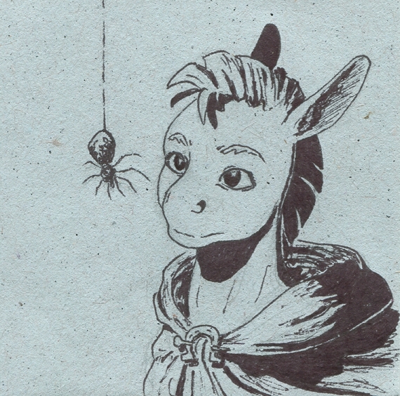 Size: 570x564 | Tagged: safe, artist:adeptus-monitus, derpibooru import, oc, unofficial characters only, donkey, spider, cloak, clothes, image, jpeg, monochrome, solo, traditional art