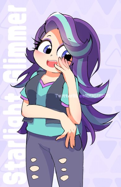 Size: 970x1491 | Tagged: safe, artist:leo19969525, derpibooru import, starlight glimmer, human, equestria girls, clothes, cute, female, glimmerbetes, hand on cheek, human coloration, image, jpeg, open mouth, pants, ripped pants, smiling, solo, torn clothes, vest