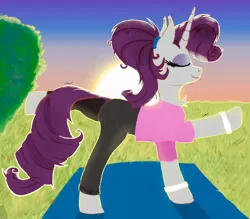 Size: 1550x1358 | Tagged: safe, artist:raritymylove, derpibooru import, rarity, pony, chest fluff, clothes, ear fluff, image, pants, png, solo, sunset, workout outfit, yoga pants