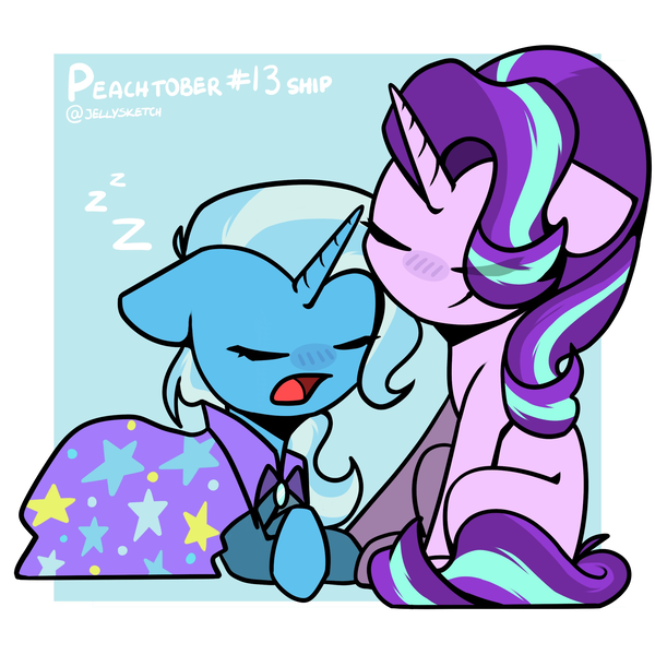 Size: 2362x2362 | Tagged: safe, artist:jellysketch, derpibooru import, starlight glimmer, trixie, pony, unicorn, cute, diatrixes, female, glimmerbetes, image, lesbian, peachtober, png, shipping, sleeping, startrix