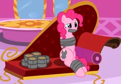 Size: 7688x5313 | Tagged: safe, artist:cardshark777, derpibooru import, pinkie pie, earth pony, pony, arm behind back, bondage, bound and gagged, carousel boutique, confused, covered cutie mark, digital art, duct tape, fainting couch, female, gag, hooves behind back, image, mare, mirror, pillow, png, sitting, solo, story included, tape, tape bondage, tape gag, tied up