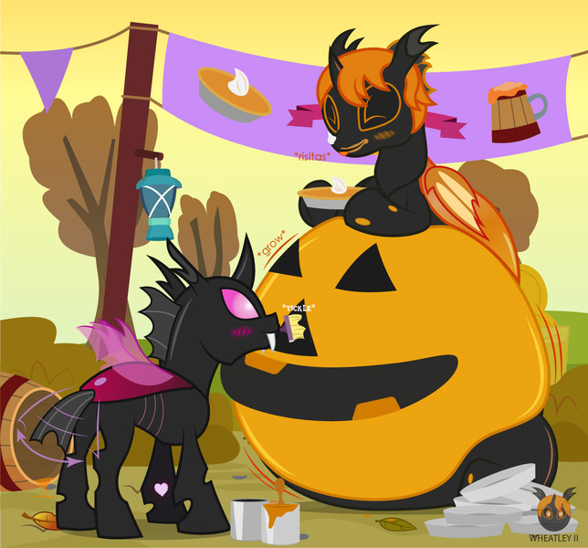 Size: 1331x1241 | Tagged: safe, artist:wheatley r.h., derpibooru import, oc, oc:lara, oc:w. rhinestone eyes, unofficial characters only, changeling, pony, autumn, barrel, bat wings, belly, big belly, blushing, bodypaint, derpibooru exclusive, eyes closed, female, folded wings, happy, honeypot changeling, image, jpeg, lamp, leaf, male, mare, onomatopoeia, orange changeling, paint can, paintbrush, painting, pie tin, pink changeling, pumpkin, pumpkin gut, pumpkin pie, rule 63, stallion, tree, vector, watermark, wheatlette, wings