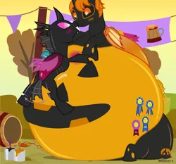 Size: 1331x1241 | Tagged: safe, artist:wheatley r.h., derpibooru import, oc, oc:lara, oc:w. rhinestone eyes, unofficial characters only, changeling, pony, autumn, barrel, bat wings, belly, belly bed, big belly, blue ribbon, blushing, bodypaint, butt, derpibooru exclusive, eyes closed, female, folded wings, happy, honeypot changeling, huge belly, huge butt, image, impossibly large belly, impossibly large butt, jpeg, kiss on the lips, kissing, lamp, large butt, leaf, love, male, mare, onomatopoeia, orange changeling, paint can, paintbrush, painting, pink changeling, pumpkin, pumpkin gut, rule 63, stallion, tree, vector, watermark, wheatlette, wings