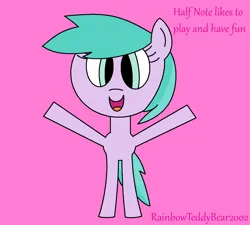 Size: 1385x1248 | Tagged: safe, artist:rainbowteddybear2002, derpibooru import, earth pony, pony, arms in the air, aura (g4), aurabetes, bipedal, cute, dialogue, excited, female, filly, foal, g4, happy, image, ms paint, open mouth, open smile, pink background, pink text, png, simple background, smiling, solo, text