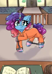 Size: 2895x4092 | Tagged: safe, artist:jubyskylines, derpibooru import, g5, clothes, commissioner:rainbowdash69, courtroom, cuffed, cuffs, image, misty brightdawn, never doubt rainbowdash69's involvement, png, prison outfit, prisoner, rebirth misty, shackles