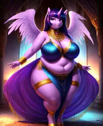 Size: 832x1024 | Tagged: suggestive, derpibooru import, machine learning generated, stable diffusion, twilight sparkle, twilight sparkle (alicorn), alicorn, anthro, unguligrade anthro, ai content, anklet, bbw, belly, belly button, belly dancer, belly dancer outfit, bracelet, breasts, busty twilight sparkle, cleavage, derpibooru exclusive, fat, female, image, jewelry, midriff, necklace, png, prompter:professordoctorc, solo, solo female, thighs, thunder thighs, twilard sparkle, wide hips