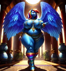 Size: 768x832 | Tagged: suggestive, derpibooru import, machine learning generated, stable diffusion, rainbow dash, anthro, pegasus, unguligrade anthro, ai content, anklet, belly, belly button, belly dancer, belly dancer outfit, big breasts, bracelet, breasts, busty rainbow dash, derpibooru exclusive, female, huge breasts, image, jewelry, midriff, muscles, necklace, png, prompter:professordoctorc, solo, solo female, strong fat, thighs, thunder thighs, wide hips