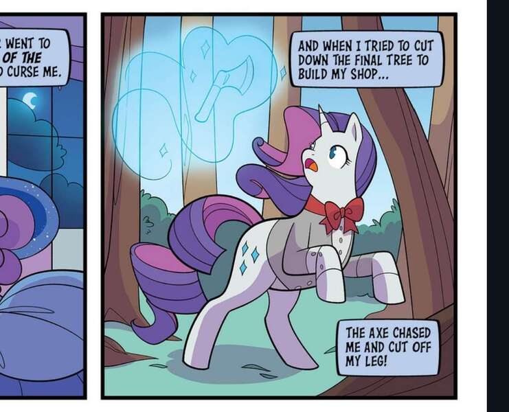 Size: 1080x874 | Tagged: safe, artist:jenna ayoub, derpibooru import, idw, official, princess luna, rarity, suri polomare, alicorn, pony, unicorn, axe, bowtie, clothes, comic, curse, dark jungle & forest, dialogue box, dress, enchantment, female, forest, g4, image, jpeg, jungle, mare, munchkin country, my little pony classics reimagined: the unicorn of odd, nature, nick chopper, nimmie amee's mistress, official comic, oh no, oz, suit, the land of oz, the unicorn of odd, the wizard of oz, throne, tin man, tin woodsman, tree, weapon, wicked witch of the east, wicked witch of the east's castle, you know for kids