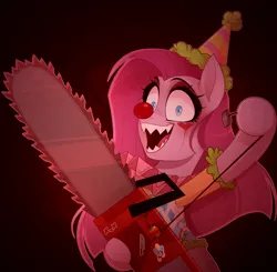 Size: 1100x1080 | Tagged: safe, artist:thewandie, derpibooru import, pinkie pie, earth pony, pony, fanfic:cupcakes, alternate hairstyle, blood, chainsaw, clothes, clown, clown makeup, clown nose, commission, cutie mark dress, dress, eyeshadow, fangs, female, halloween, halloween 2023, hat, holiday, image, implied applejack, implied rainbow dash, implied rarity, makeup, mare, open mouth, party hat, pinkamena diane pie, png, raised hoof, red nose, sharp teeth, shirt, solo, sticker, teeth, this will end in death, ych result