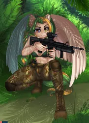 Size: 3358x4627 | Tagged: suggestive, artist:lifejoyart, ponerpics import, oc, unofficial characters only, anthro, bikini, bikini top, breasts, clothes, female, gun, image, jpeg, swimsuit, weapon