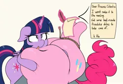 Size: 2226x1521 | Tagged: suggestive, artist:blitzyflair, ponerpics import, ponybooru import, pinkie pie, twilight sparkle, pony, belly, big belly, butt, duo, duo female, fat, female, huge butt, image, jpeg, large butt, mare