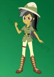 Size: 5167x7309 | Tagged: safe, artist:matthewcraft, derpibooru import, daring do, human, equestria girls, belt, boots, clothes, female, fist pump, green background, hat, image, jpeg, pith helmet, shoes, simple background, smiling, solo, uniform