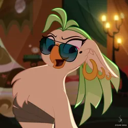 Size: 1980x1980 | Tagged: safe, derpibooru import, edit, captain celaeno, anthro, avian, bird, my little pony: the movie, alternate design, bust, image, indoors, ornithian, pirate, png, portrait, smiling, sunglasses