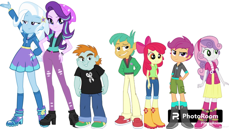 Size: 2560x1440 | Tagged: safe, artist:cutler1228, derpibooru import, apple bloom, scootaloo, snails, snips, starlight glimmer, trixie, twilight sparkle, equestria girls, equestria girls series, clothes, cowboy hat, denim, hat, image, jeans, overalls, pants, png, shoes, simple background, skirt, spurs, stetson, sweeie belle, transparent background, twolight