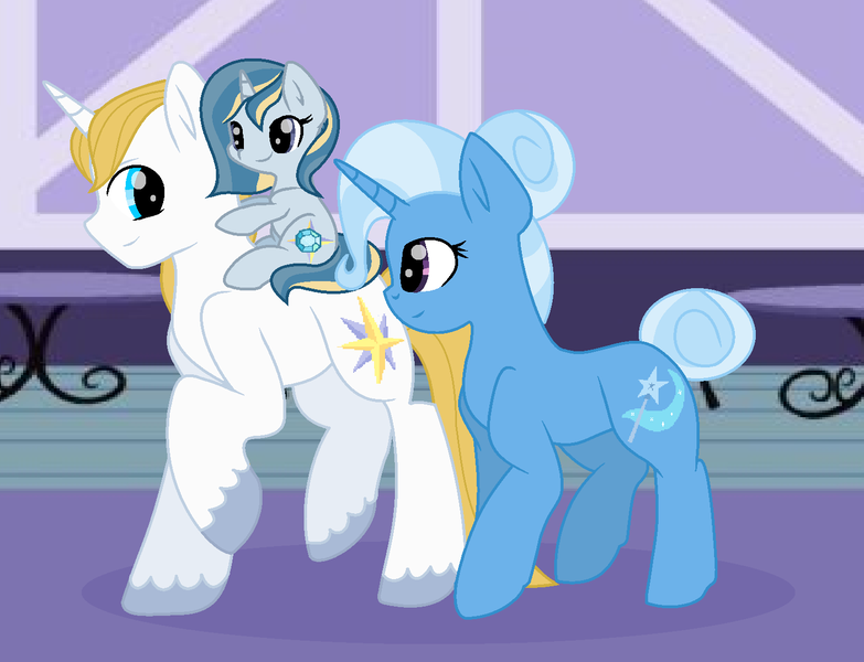 Size: 1492x1144 | Tagged: safe, artist:princessfloriana, derpibooru import, prince blueblood, trixie, oc, pony, unicorn, base used, bluetrix, father and child, father and daughter, female, husband and wife, image, male, mare, mother and child, mother and daughter, offspring, parent:prince blueblood, parent:trixie, parents:bluetrix, png, shipping, stallion, straight, trio