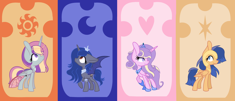 Size: 5448x2344 | Tagged: safe, artist:princessfloriana, derpibooru import, oc, oc:afterlight, oc:crystal skylar, oc:night amore, oc:shining sentry, unofficial characters only, changepony, hybrid, pony, cousins, female, group, image, interspecies offspring, mare, offspring, parent:flash sentry, parent:king sombra, parent:princess cadance, parent:princess celestia, parent:princess luna, parent:shining armor, parent:thorax, parent:twilight sparkle, parents:flashlight, parents:lumbra, parents:shiningcadance, parents:thoralestia, png
