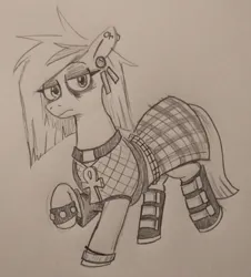 Size: 632x699 | Tagged: safe, artist:jargon scott, derpibooru import, oc, oc:nada phase, unofficial characters only, earth pony, pony, ankh, clothes, ear piercing, earring, female, fishnet clothing, frown, goth, grayscale, image, jewelry, lidded eyes, looking at you, mare, monochrome, pencil drawing, piercing, plaid skirt, png, skirt, solo, studded bracelet, traditional art