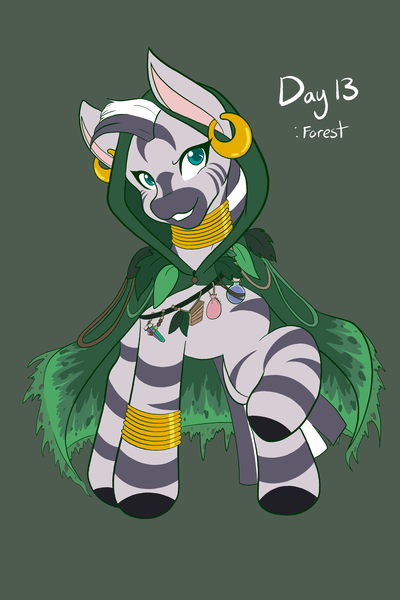 Size: 1365x2048 | Tagged: safe, artist:mscolorsplash, derpibooru import, zecora, pony, zebra, cloak, clothes, cute, female, green background, grin, hood, image, looking at you, mare, png, ponytober, simple background, smiling, smiling at you, solo, zecorable