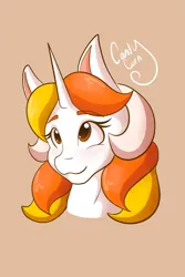 Size: 1365x2048 | Tagged: safe, artist:mscolorsplash, derpibooru import, oc, oc:candy corn, unofficial characters only, pony, unicorn, blushing, bust, female, image, looking up, mare, name, png, simple background, smiling, solo, tan background