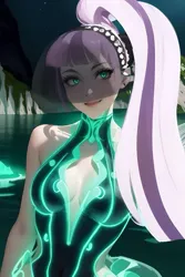 Size: 1024x1536 | Tagged: safe, derpibooru import, editor:sammykun, machine learning generated, coloratura, ai content, breasts, busty coloratura, cleavage, clothes, countess coloratura, dress, female, glow, glowing eyes, hairband, half body, headband, image, long hair, looking at you, neon, night, png, ponytail, prompter:sammykun, rara, sleeveless, sleeveless dress, smiling, solo, solo female, sweater, turtleneck, veil, water