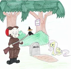 Size: 827x805 | Tagged: safe, artist:jelvyc77, derpibooru import, angel bunny, fluttershy, abuse, angelbuse, animal abuse, crossover, crying, daffy duck, elmer fudd, gravestone, gun, image, implied angel bunny, implied animal abuse, implied death, jpeg, rifle, weapon