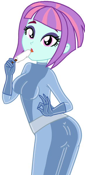 Size: 1044x2148 | Tagged: safe, artist:yaya54320bases, derpibooru import, sunny flare, human, equestria girls, base used, butt, eyeshadow, food, image, latex, latex suit, looking at viewers, makeup, png, popsicle, simple background, solo, totally spies, white background