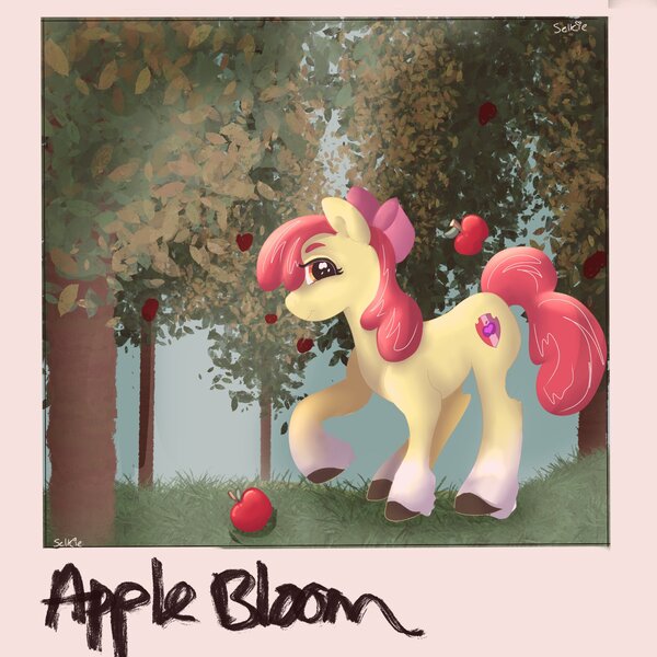 Size: 2048x2048 | Tagged: safe, artist:selkie_bug, derpibooru import, apple bloom, earth pony, pony, apple, apple tree, female, filly, foal, food, image, jpeg, polaroid, solo, text, tree, unshorn fetlocks