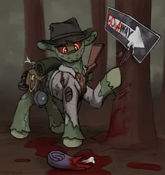 Size: 2347x2485 | Tagged: semi-grimdark, artist:reddthebat, derpibooru import, oc, unofficial characters only, ghoul, pony, undead, fallout equestria, blood, clothes, dismemberment, fedora, forest, gun, hat, image, jpeg, looking at something, looking down, male, rifle, sign, signature, solo, stallion, street sign, torn clothes, tree, weapon