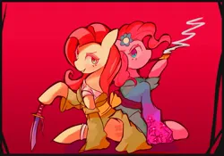 Size: 1427x1000 | Tagged: safe, artist:solid shrimp, derpibooru import, fluttershy, pinkie pie, earth pony, pegasus, pony, clothes, duo, female, gradient background, grin, image, jpeg, kimono (clothing), knife, looking at you, mare, pinktober, pipe, smiling, smoking, yakuza