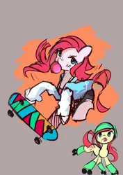 Size: 2480x3508 | Tagged: safe, artist:solid shrimp, derpibooru import, fluttershy, pinkie pie, earth pony, pegasus, pony, bubblegum, duo, female, food, gray background, gum, helmet, image, jpeg, mare, pinkamena diane pie, pinktober, roller skates, simple background, skateboard, skates, wingless