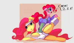 Size: 1718x1000 | Tagged: safe, artist:solid shrimp, derpibooru import, fluttershy, pinkie pie, earth pony, pegasus, pony, butt, clothes, duo, exercise, female, floppy ears, headband, image, jpeg, leg warmers, leotard, lying down, mare, passepartout, pinktober, plot, side, simple background, workout, workout outfit