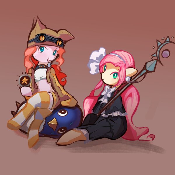 Size: 1024x1024 | Tagged: safe, artist:solid shrimp, derpibooru import, fluttershy, pinkie pie, earth pony, pegasus, pony, clothes, costume, crossed legs, disgaea, dress, duo, female, gradient background, hat, image, jpeg, mare, pinktober, sitting, socks, staff, striped socks