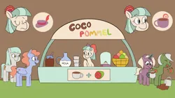 Size: 1920x1080 | Tagged: safe, artist:sveta kuklina, derpibooru import, coco pommel, earth pony, pegasus, unicorn, alternate cutie mark, cocao, confused, cutie mark, disgusted, drink, excited, female, happy, hat, image, male, png, pomello, sad, simple background, spill, spilled drink, text