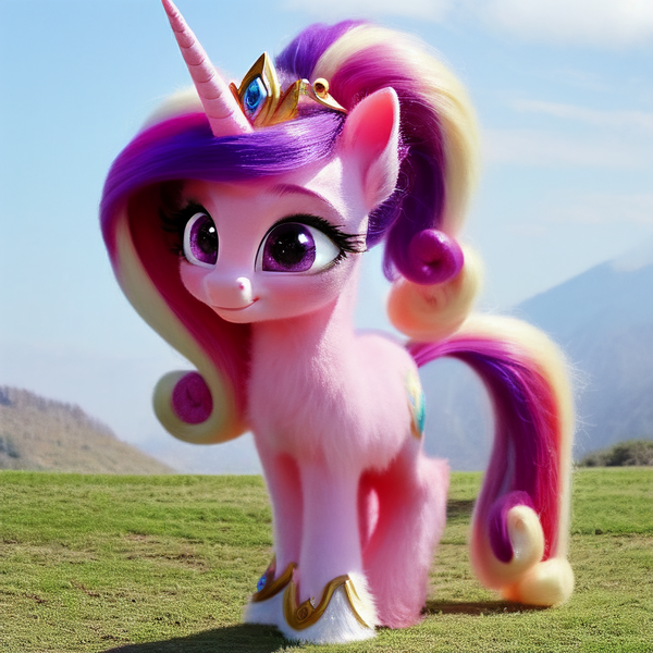 Size: 3072x3072 | Tagged: safe, derpibooru import, machine learning generated, stable diffusion, princess cadance, pony, ai content, crown, cute, female, filly, filly cadance, foal, generator:pony diffusion v5, grass, image, irl, jewelry, photo, png, ponies in real life, realistic, regalia, unicorn cadance, younger
