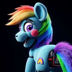 Size: 1024x1024 | Tagged: safe, derpibooru import, machine learning generated, rainbow dash, 3d, ai content, animatronic, black background, five nights at freddy's, generator:dall-e 3, image, jpeg, looking at you, looking back, looking back at you, prompter:nebbie, simple background, solo